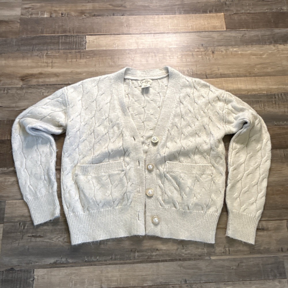 Jessica Simpson Cream Cable Knit Cardigan Pearl Button Sweater Soft Sz XS